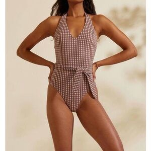 Lemlem Brown & White Halter One-Piece Swimsuit